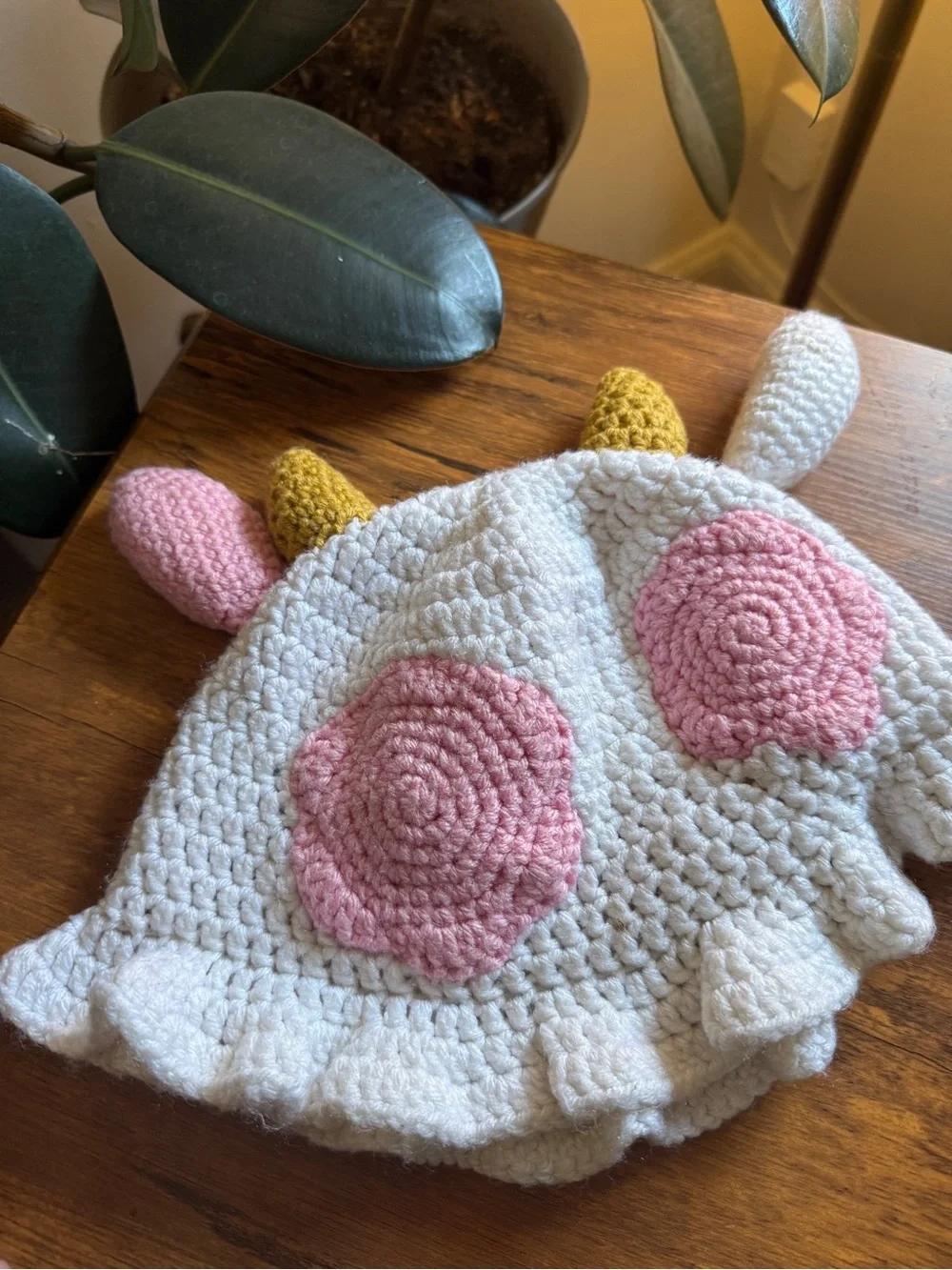 Handmade Crochet Unicorn Hat - Cream with Pink and Mustard Accents